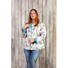 Hand quilted linen blue marine and floral no closure coat