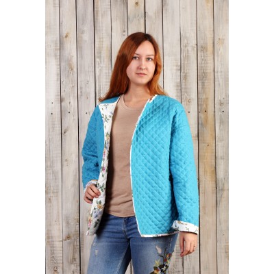 Hand quilted linen blue marine and floral no closure coat